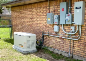 A standby Generac generator is installed outside a brick house next to several electrical services
