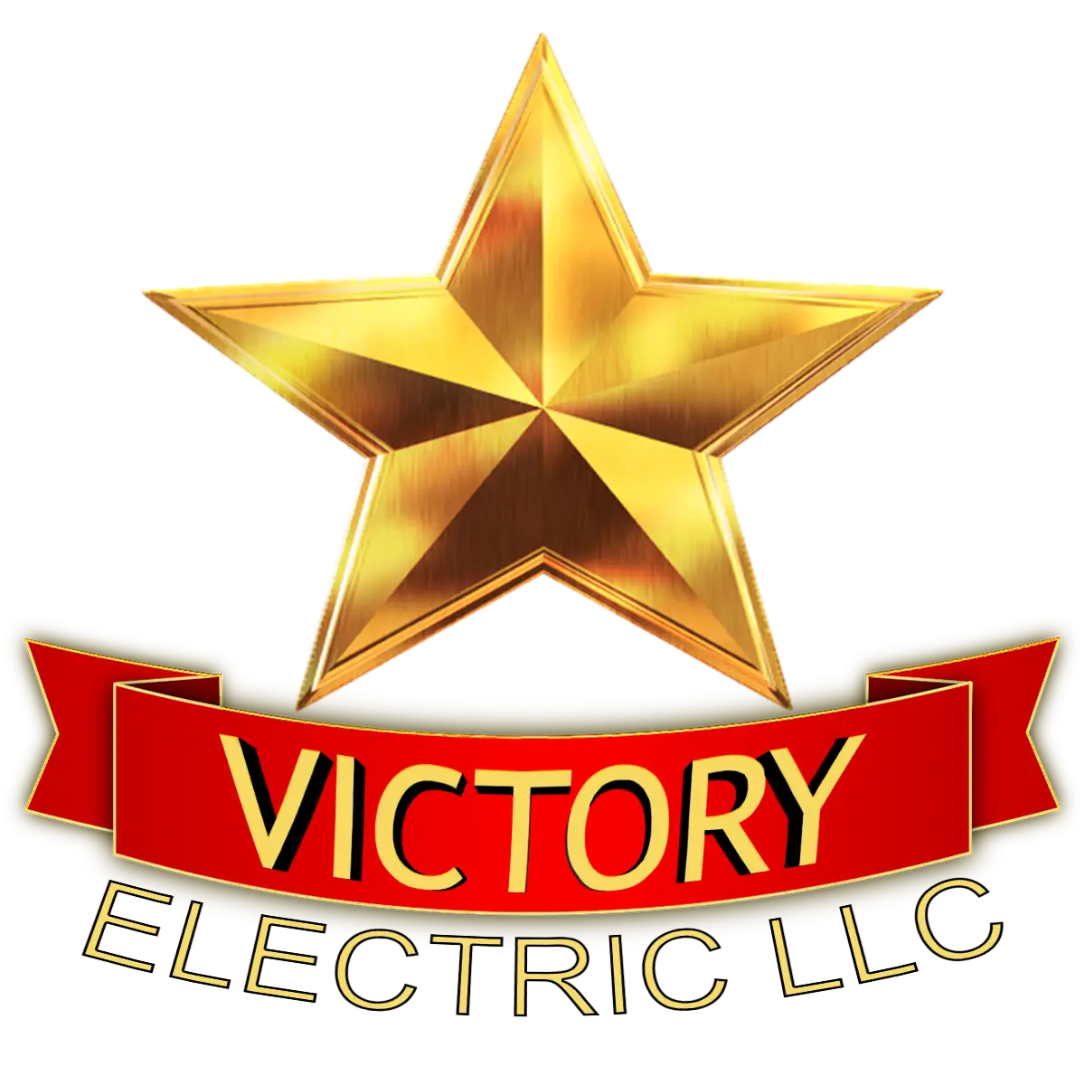 Gold star above a red ribbon with the word "VICTORY" in bold letters; "ELECTRIC LLC" is written below the ribbon.