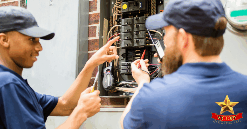 Two electricians in blue uniforms work on an open electrical panel outdoors, using tools and