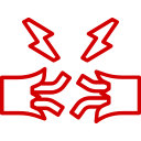 Red outline of two hands pulling apart a broken object with two lightning bolts above