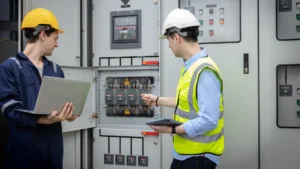 Two workers in hard hats inspect and discuss an open electrical control panel; one holds a laptop