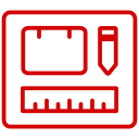 Red outlined icon showing a notepad, pencil, and ruler inside a rounded square
