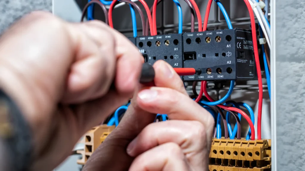 Close-up of hands using a screwdriver to work on electrical wiring and terminals inside a control