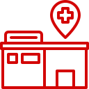 Red outline icon of a medical building with a location marker above it displaying a cross symbol