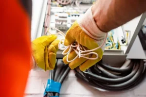 Two workers wearing yellow gloves handle electrical wires near an open electrical panel with visible
