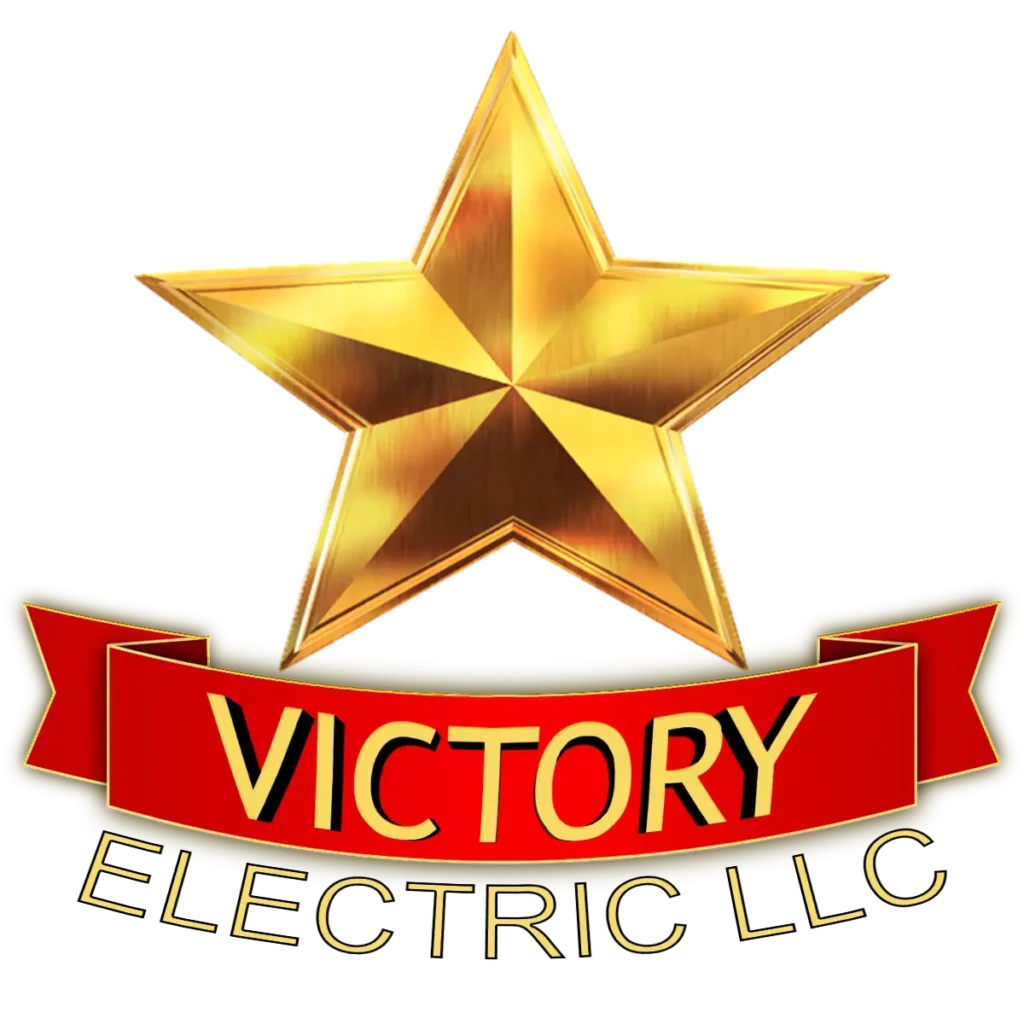 Gold star above a red ribbon with the word "VICTORY" in bold letters; "ELECTRIC LLC" is written below the ribbon.