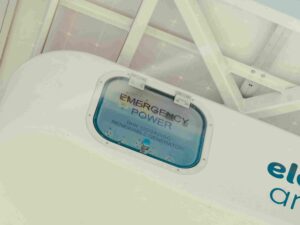 Small window labeled "EMERGENCY POWER 6kW 120/240VAC RENEWABLE GENERATOR" on a white structure with