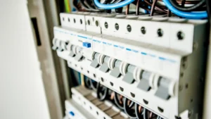 Close-up view of multiple circuit breakers and electrical wiring inside a distribution panel.