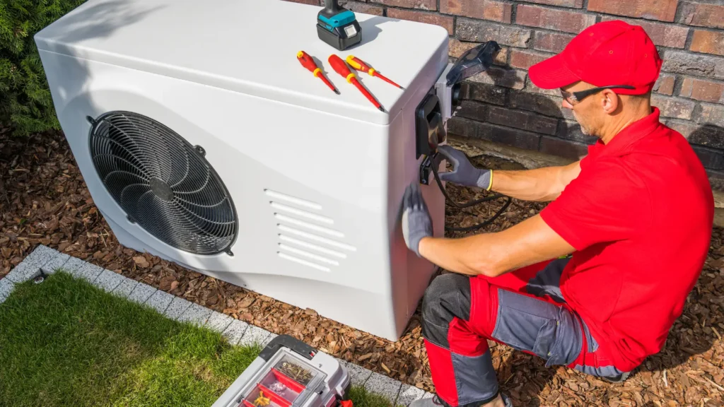 A technician in red workwear installs or repairs an outdoor heat pump unit, providing professional