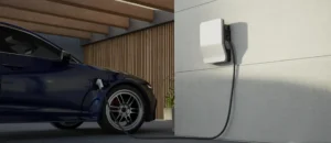 A blue electric car is parked and charging at a wall-mounted charger, highlighting quality electrical services in a modern garage with wooden paneling.