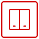 Red outlined icon of double doors with two handles, centered in a square with a red border on a