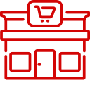 Red outline icon of a store or shop with a shopping cart symbol above the entrance