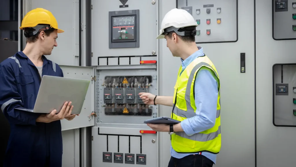 Two workers in hard hats inspect and discuss an open electrical control panel; one holds a laptop