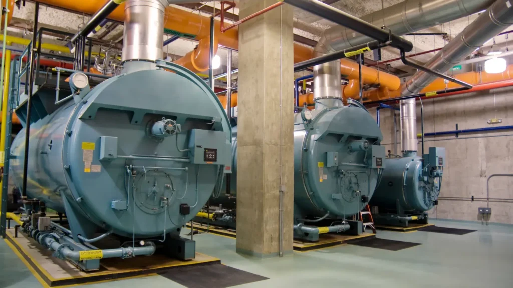 Three large industrial boilers are installed in a clean mechanical room, surrounded by pipes, vents