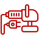 Red outline icon of an electric hand drill with a visible power cord and plug, shown on a light gray