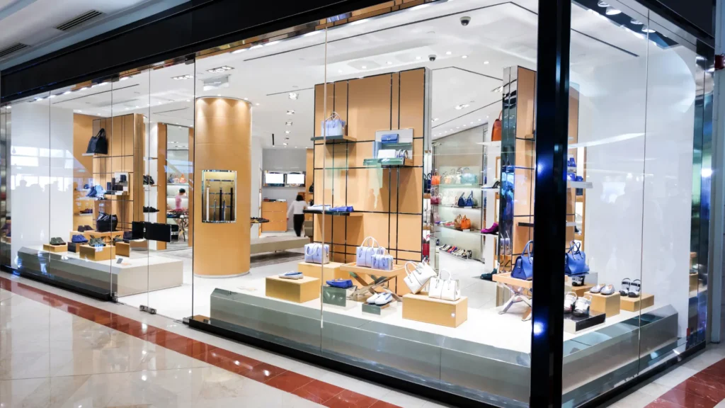A modern store with glass walls displays handbags, shoes, and accessories on shelves and tables