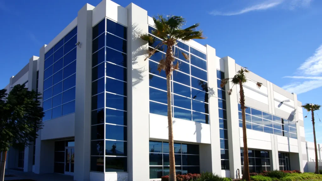 Modern two-story office building with large blue-tinted windows, white exterior walls, and palm trees in front, under a clear blue sky—ideal for businesses seeking quality workspace and reliable electrical services.