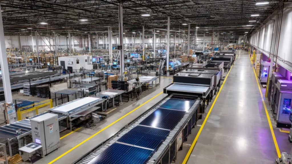 Large indoor factory with rows of machinery and conveyor belts assembling solar panels; workers and electrical services equipment are visible throughout the expansive space.