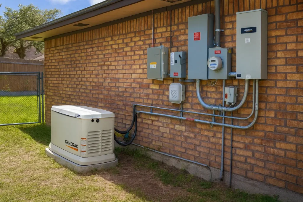 A Generac standby generator is installed outside a brick house, seamlessly integrated with electrical services and connected to several panels mounted on the exterior wall.