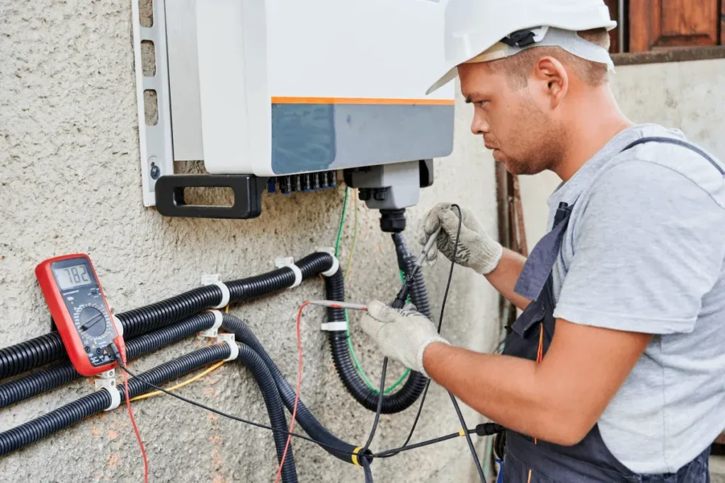 A technician in a hard hat uses a multimeter to check electrical connections on an outdoor power unit, ensuring reliable electrical services.