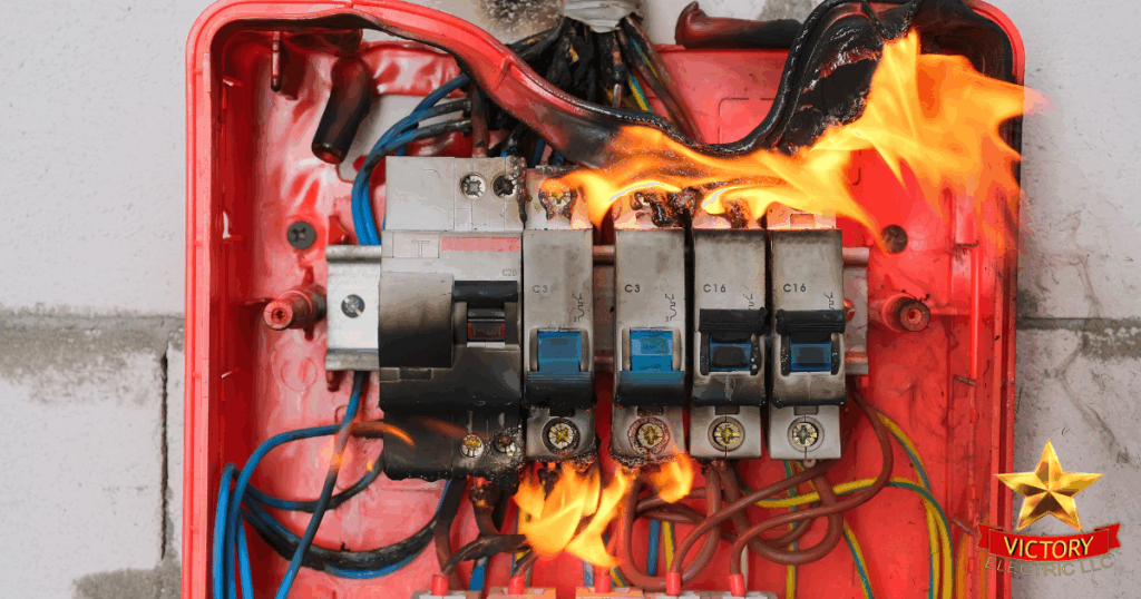 An electrical circuit breaker panel on fire, with visible flames and burnt wires inside a red enclosure; Victory Electric LLC logo in the corner.