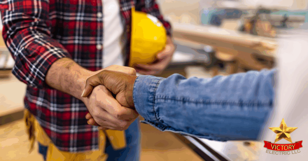 Two people shake hands indoors, one holding a yellow hard hat. The Victory Electric LLC logo appears in the bottom right corner.